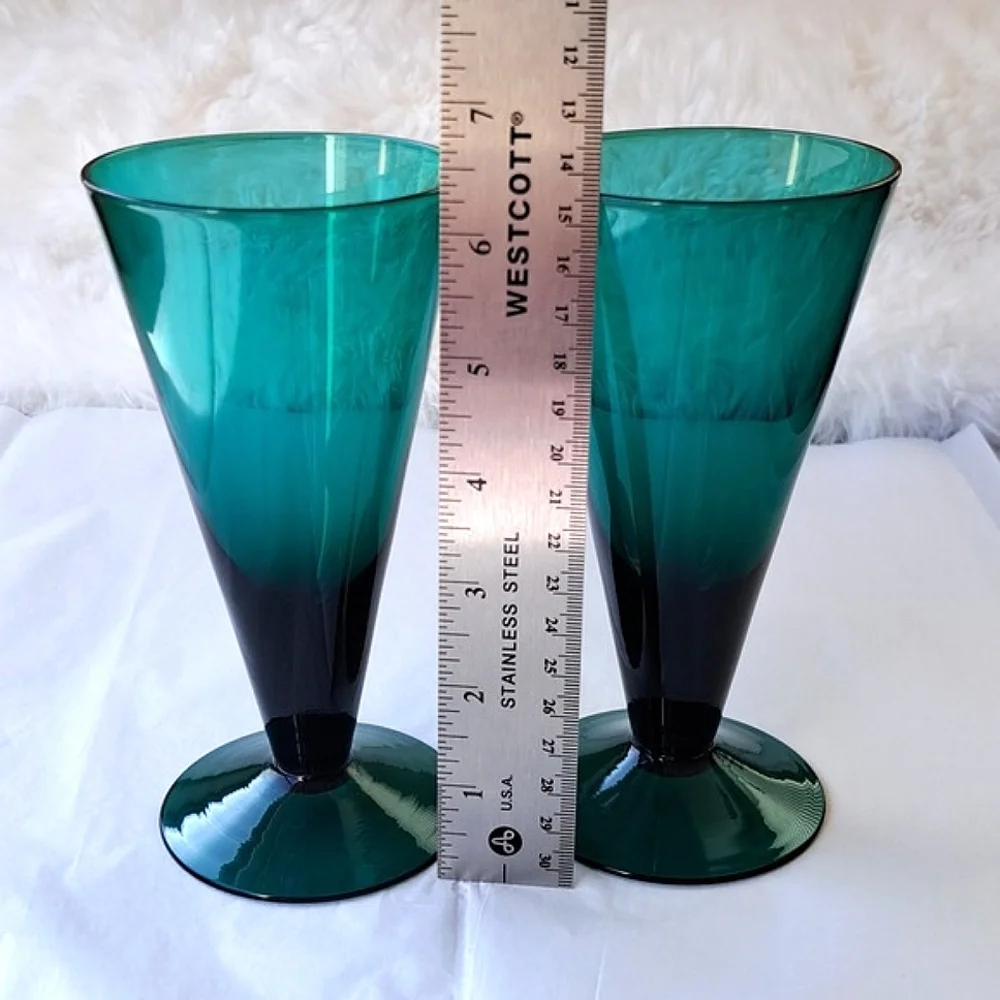 2 Vintage Emerald Teal Green Conical Wine Cocktail Glasses Footed Barware
